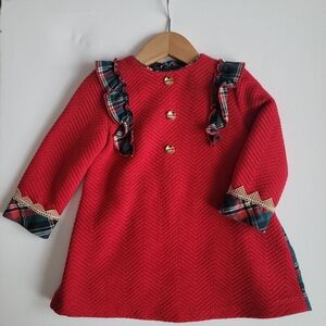 Red Plaid Ruffle Dress with Gold Buttons